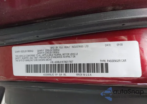 2009 Subaru Legacy 2.5I z USA, uszkodzony, nr VIN 4S3BL616796217657